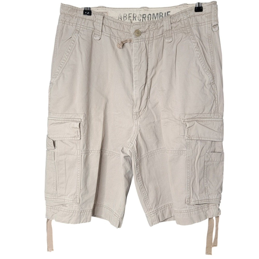 Abercrombie Cargo Shorts Mens 34 Khaki Tan Heavy Twill Multi Pocket Leg Ties